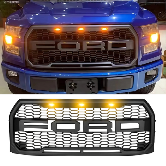 FOR 2015-2017 FORD F-150 RAPTOR STYLE Front Grille w/ Letters & LED Lights & Letters