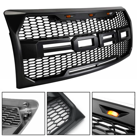 FOR 2009-2014 FORD F-150 RAPTOR STYLE Front Grille w/ Amber LED Lights & Letters