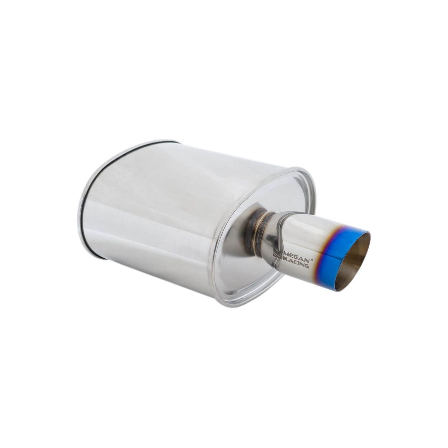 Megan Racing Universal Muffler 3.5" Tip/2.4" Inlet Silver Chrome Rolled Blue Tip