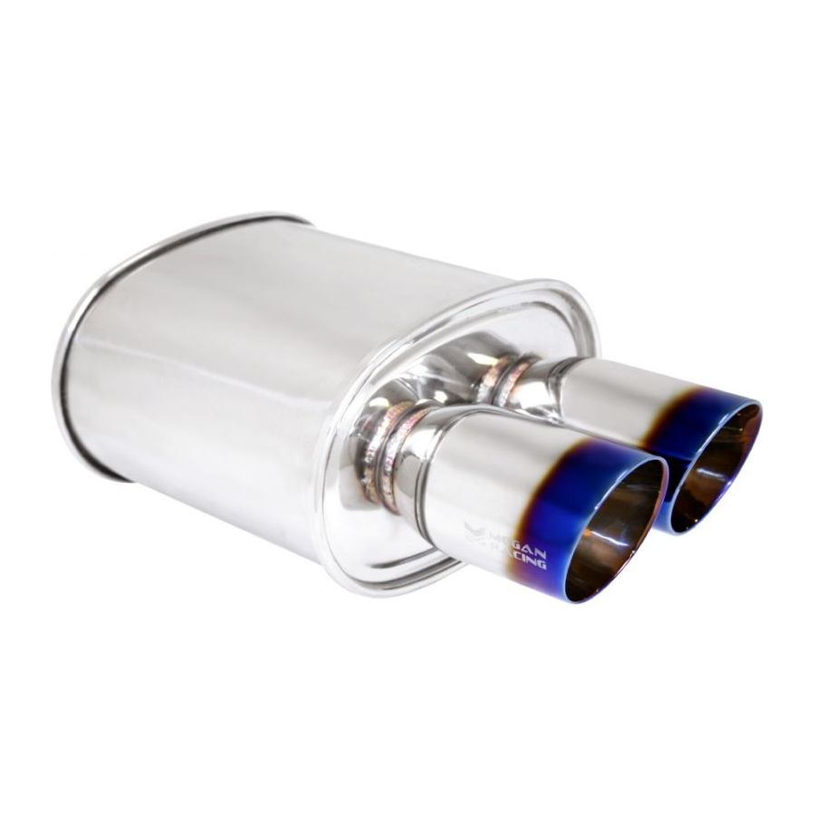 Megan Racing Universal Muffler 3.5" Tip/2.4" Inlet Silver Chrome Dual Rolled Blue Tip