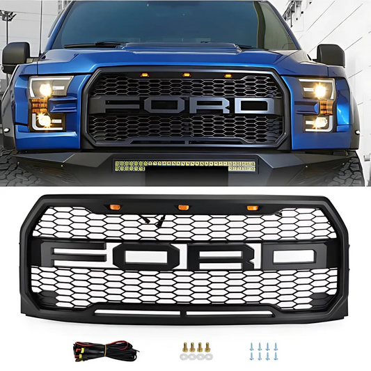 FOR 2015-2017 FORD F-150 RAPTOR STYLE Front Grille w/ Letters & LED Lights & Letters
