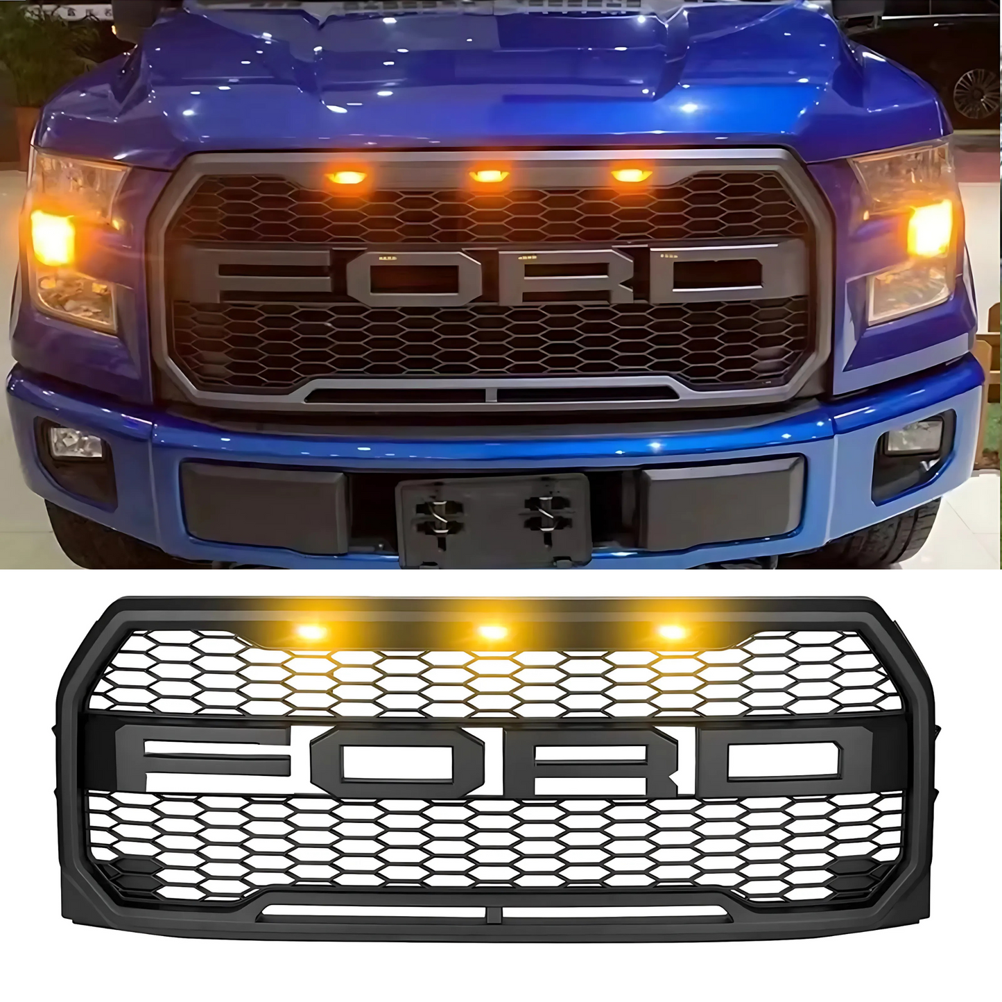 FOR 2015-2017 FORD F-150 RAPTOR STYLE Front Grille w/ Letters & LED Lights & Letters