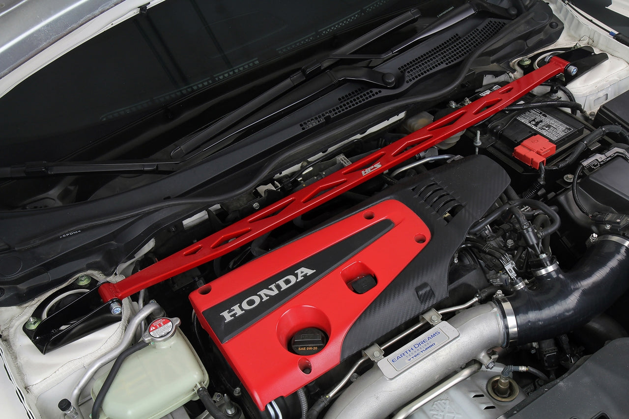 HPS Performance Aluminum Front Strut Tower Brace Bar, Red, 23-24 Acura Integra/ 2024 Integra Type S/ 17-24 Honda Civic Type R