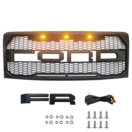FOR 2009-2014 FORD F-150 RAPTOR STYLE Front Grille w/ Amber LED Lights & Letters