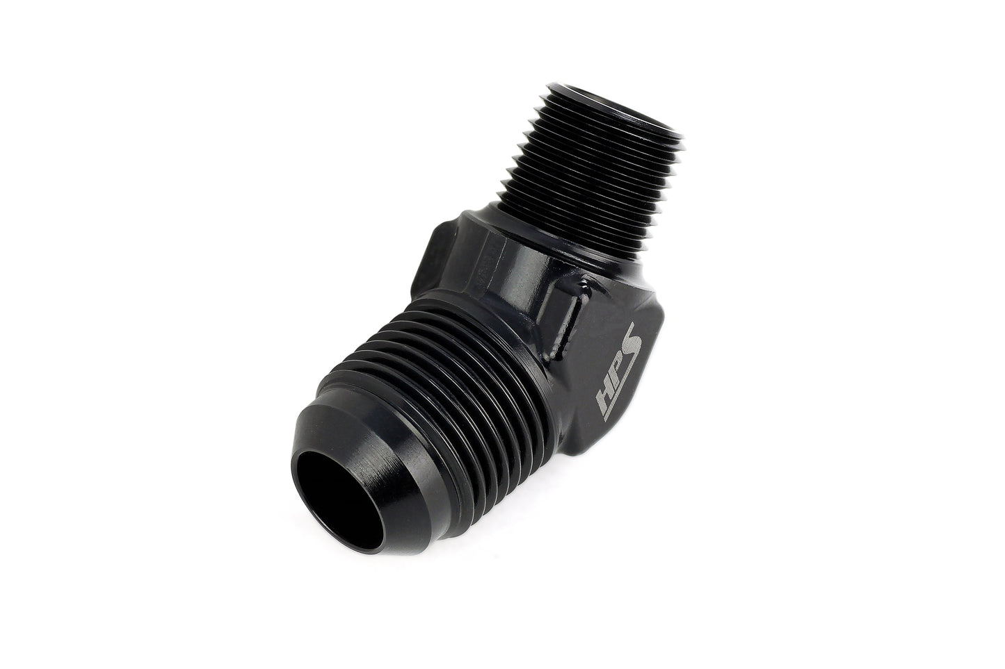 HPS Performance 45 Degree AN Flare -10 to 1/2" NPT Adapter, Aluminum, Black