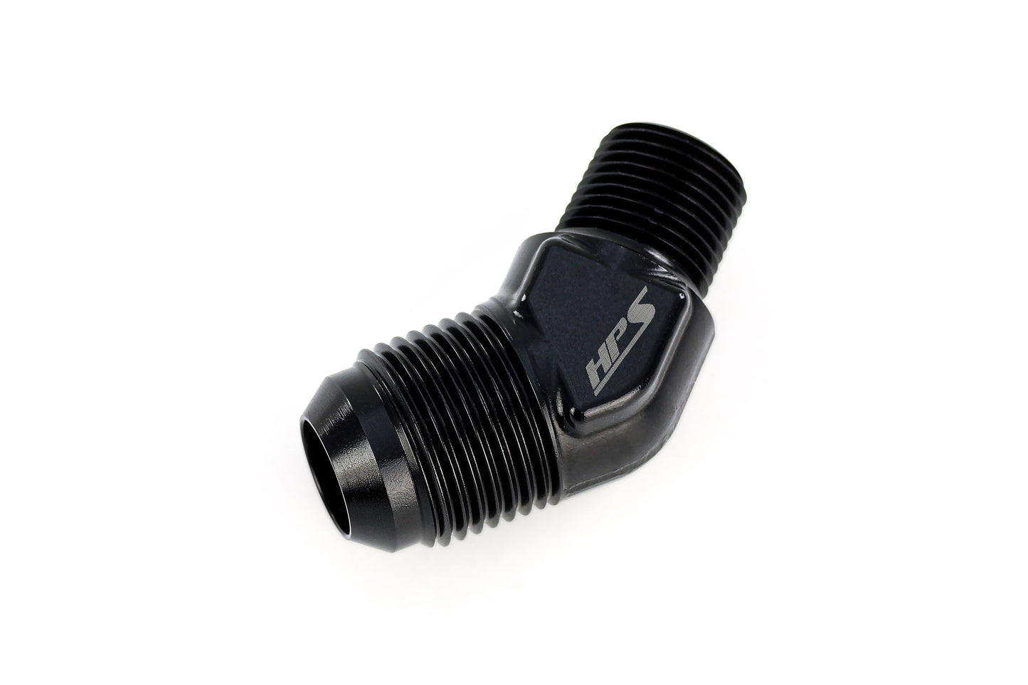 HPS Performance 45 Degree AN Flare -10 to 1/2" NPT Adapter, Aluminum, Black