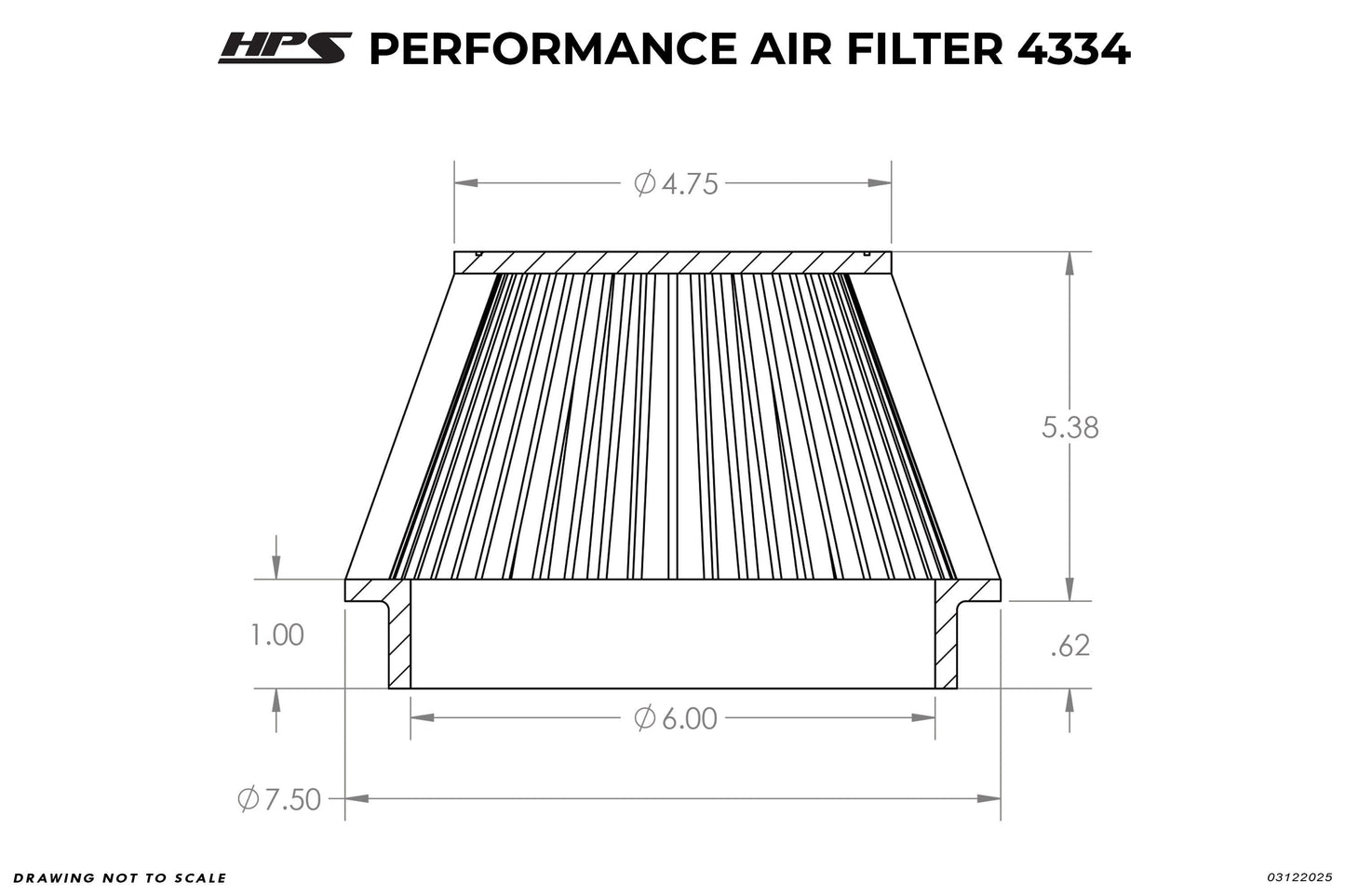 HPS Performance 6" Air Filter, 6" Length, 7.5" Base, 4.75" Top, HPS-4334
