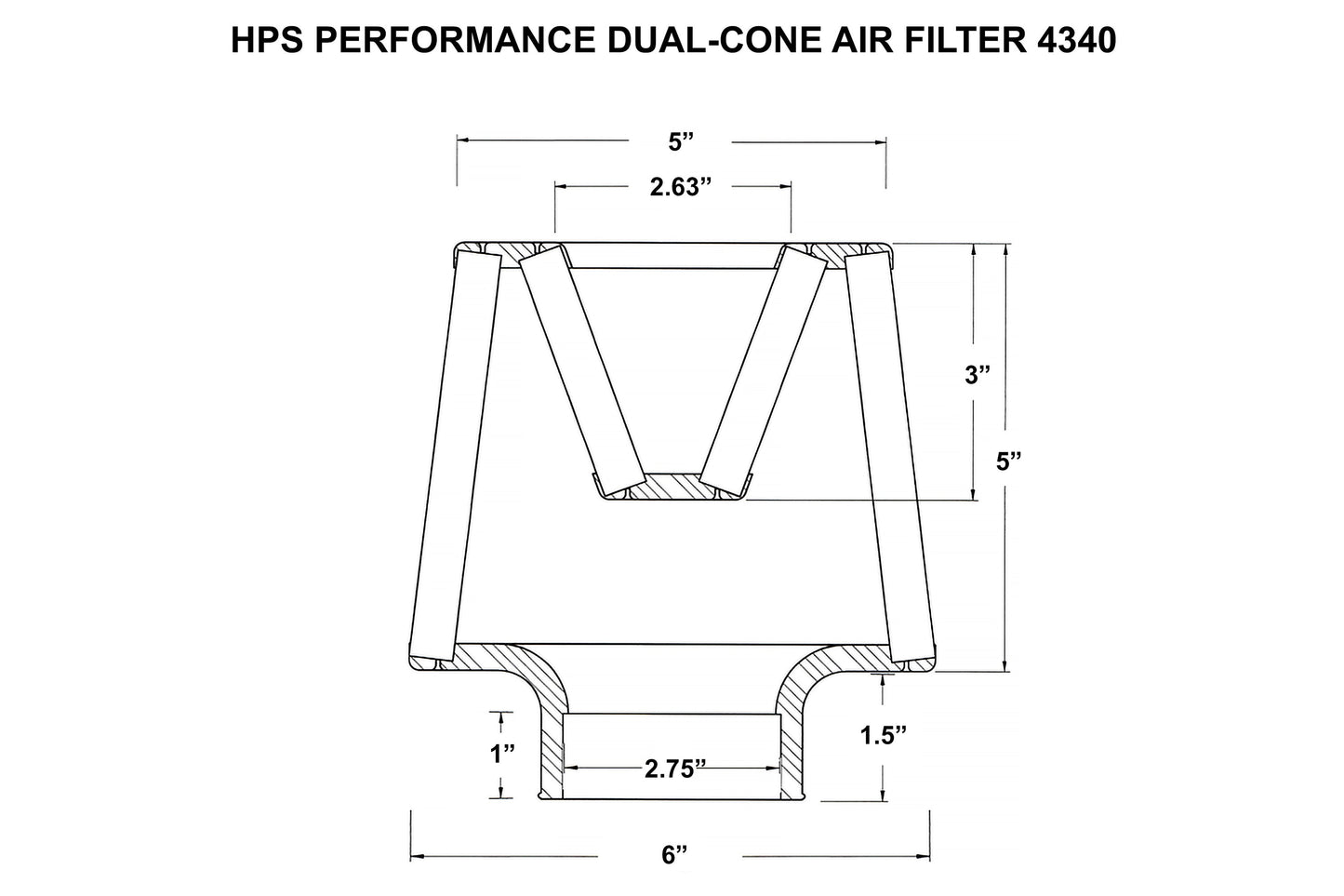 HPS Performance 2.75" Open Top Dual Cone Air Filter, 6.5" Length, HPS-4340