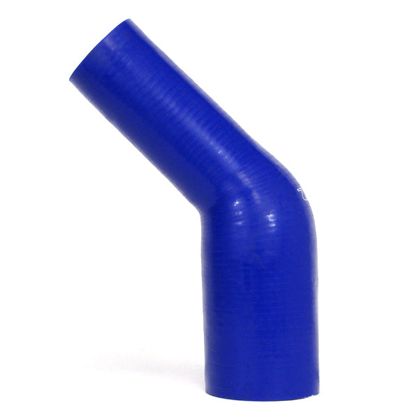 HPS 2.75 inch - 3 inch ID High Temp 4-ply Reinforced Silicone 45 Degree Elbow Reducer Hose Blue 70mm - 76mm ID