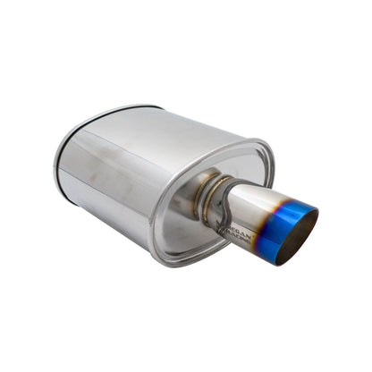 Megan Racing Universal Muffler 3.5" Tip/3" Inlet Silver Chrome Rolled Blue Tip